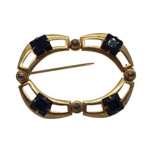 Vintage 10k Gold Plate Brooch Pin Art Deco Oval Openwork Black Rhinestone